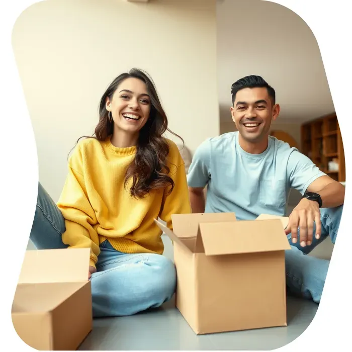 Two guys sitting on the floor of their apartment with Muval moving boxes