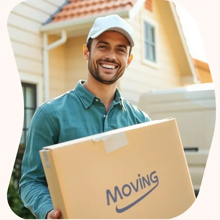 Two removalists moving boxes up stairs